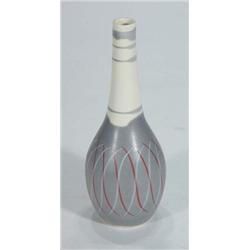 Hand painted Poole freeform vase, decorated with grey and red abstract stripes, marks to base, 20…