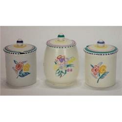 Three hand painted Poole pottery jampots and covers, tallest 13cm high…