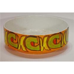 Poole pottery Delphis fruit bowl, decorated with an orange and green abstract pattern, 25cm diame…