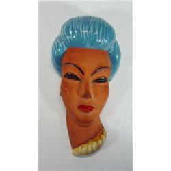 Pottery Art Deco young maiden wall mask with blue glazed hair and impressed number to back, 20cm…