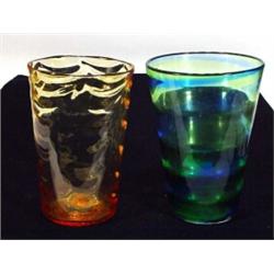 Blue and green Whitefriars glass vase and an amber Whitefriars wavy glass vase, tallest 27cm high…