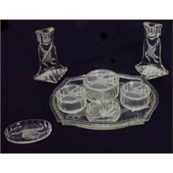 Eight piece clear glass dressing table set etched with stylised herons…