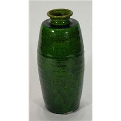 Green glazed Dickerware cylindrical vase with flared neck, impressed marks to base, 30cm high…