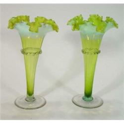 Pair of green and white vaseline glass frilled edge vases, 36cm high…