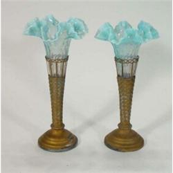 Pair of blue vaseline glass frilled vases in gilt metal basketweave stands, 29cm high…