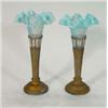 Image 1 : Pair of blue vaseline glass frilled vases in gilt metal basketweave stands, 29cm high…