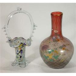 Hand enamelled floral patterned red glass vase and a multi coloured glass basket, tallest 30 cm…