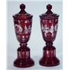 Image 1 : Pair of ruby flashed glass vases and covers decorated with birds and swags, etc, 25cm high…