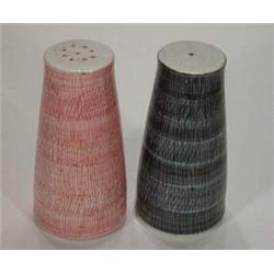 Rye pottery black and pink striped glazed salt and pepper pots, 17cm high, marks to base…