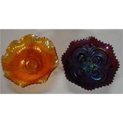 Purple Carnival glass dish and an orange Carnival glass dish, 20cm diameter…