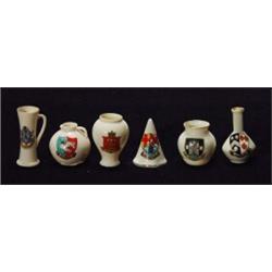 Five Goss crested china vases and a Goss candle snuffer…