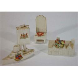 Wilton crested china military boat, Arcadian crested Shakespearian house, Arcadian chair and a Cr…