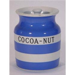 T.G. Green blue and white Cornishware Cocoa-nut jar and cover, 13cm high…