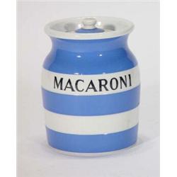 T.G. Green blue and white Cornishware Macaroni jar and cover, 13cm high…