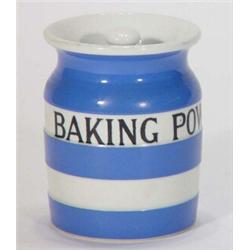 T.G. Green blue and white Cornishware Baking powder jar and cover, 9cm high…