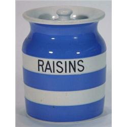 T.G. Green blue and white Cornishware Raisins jar and cover, 15cm high…