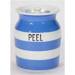 T.G. Green blue and white Cornishware Peel jar and cover, 15cm high…