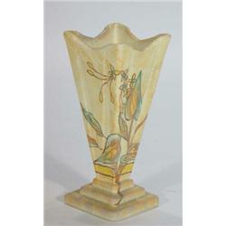 Square based Art Deco vase, hand painted with flowers on a stepped base, 19cm high…