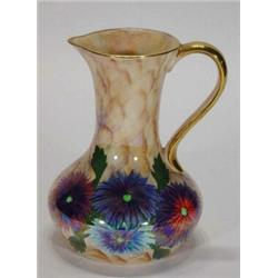 Old Court Ware lustre jug decorated with blue and purple flowers, marks to base, 19cm high…