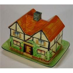 Maritomoware hand painted cottage shaped butter dish and cover, 14cm high…