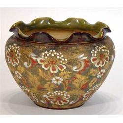 Hand painted and enamelled Doulton Lambeth stoneware jardiniere with floral decoration, impressed…