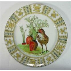 Hand coloured and transfer printed Royal Doulton plate decorated with radishes and a bird, 25cm d…