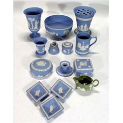 Quantity of blue and green Wedgwood Jasperware including vases, flower vase, bowl, trinket boxes…