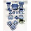 Image 1 : Quantity of blue and green Wedgwood Jasperware including vases, flower vase, bowl, trinket boxes…