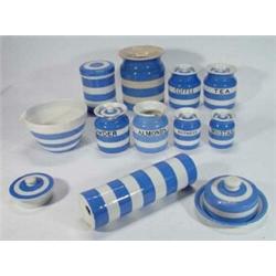 Large quantity of blue and white Cornishware including rolling pin, tea, coffee, custard powder,…