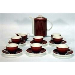 Bristol pottery six piece red and white glazed coffee set, comprising coffee pot, cream jug, suga…