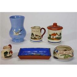 Selection of mottoware including jugs, jam pot and cover, tray, etc…