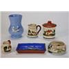 Image 1 : Selection of mottoware including jugs, jam pot and cover, tray, etc…