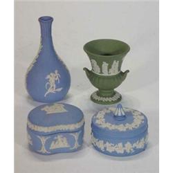 Two Wedgwood Jasperware trinket boxes and covers and two vases…