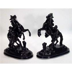 Pair of wooden based French spelter prancing horses, 32cm high…