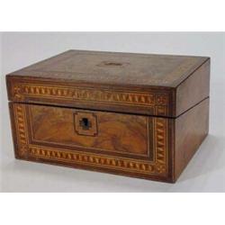 Victorian rectangular walnut writing box with Tunbridgeware cube design inlay, 30cm in length…