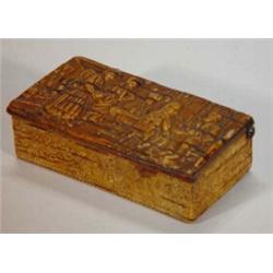 Rectangular wooden snuff box embossed with tavern scenes and leaves and berries, 10cm in length…