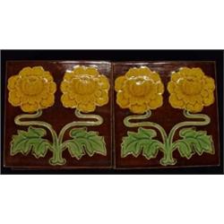 Set of ten Arts and Craft style tiles decorated with yellow stylised flowers onto a brown ground…