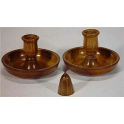 Pair of fruitwood candlesticks and snuffer…