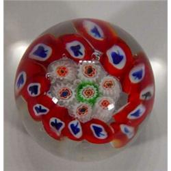 Globular red, blue and green millefiore paperweight, 5cm high…