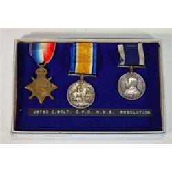 World War I military medal group comprising 1914-15 Star, War medal, and Long Service and Good Co…