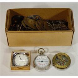 Box of military badge plates, brass compass and two stopwatches…