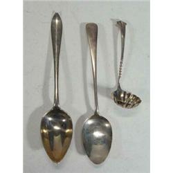 Two silver spoons and a silver sifter with ropetwist handle…