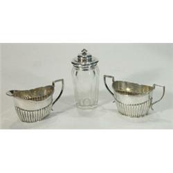 Silver twin handled sugar bowl, milk jug, silver topped and cut glass mustard pot…