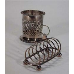 Pierced silver plated syphon stand and a silver plated toast rack on spherical feet…