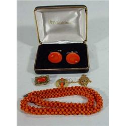 Coral necklace, coral cufflinks, Victorian coral brooch and a gold, coral and diamond necklet…