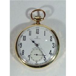 Omega gold plated pocket watch with enamel dial, numbered 6185303…