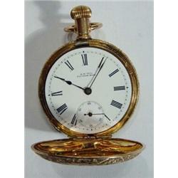 Waltham gold plated Hunter pocket watch with railway design back and enamel face, Am. Watch Co, W…