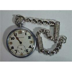 Jaeger-le-Coultre chrome pocket watch and an Albert chain…