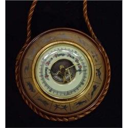 Circular German brass zodiac barometer with enamel dial and star sign border, 15cm diameter…