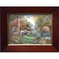 Mahogany framed silk work and painted picture of a cottage and flowers in the garden, FP, 19cm x…